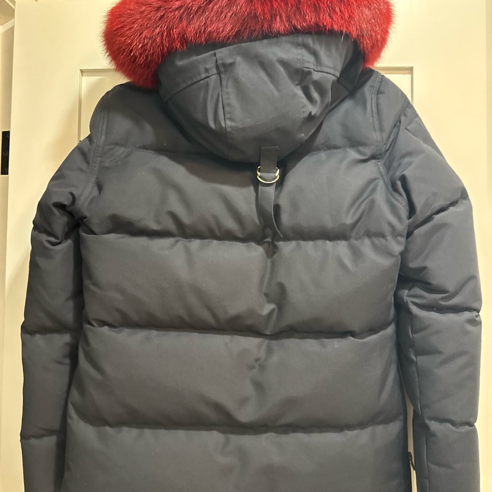 Moose Knuckles Navy Jacket with Red Fur Trim - Picture 2 of 11